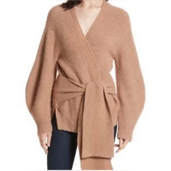 Brochu Walker Wool Baby Alpaca Camel Tie Hansen Wrap Cardigan Size Large - Picture 1 of 17